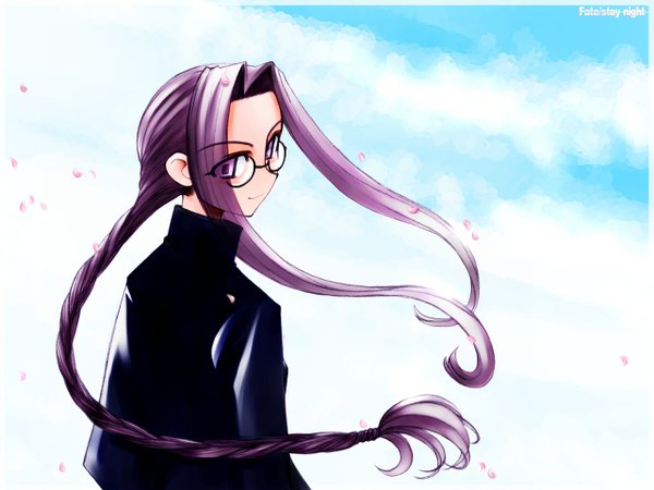 Anime picture 1280x960 with fate (series) fate/stay night studio deen type-moon rider long hair purple hair braid (braids) very long hair wallpaper glasses