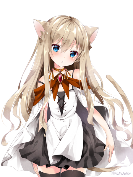 Anime picture 700x933 with original nanase nao single long hair tall image looking at viewer blush fringe blue eyes blonde hair simple background hair between eyes white background bare shoulders signed animal ears tail parted lips head tilt animal tail