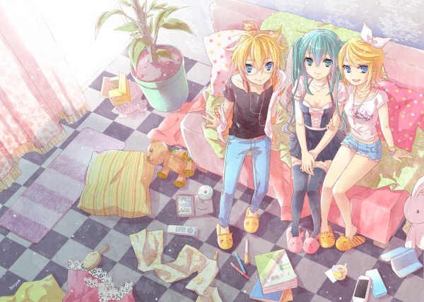 Anime picture 1200x857 with vocaloid hatsune miku kagamine rin kagamine len zenyu long hair looking at viewer short hair open mouth blonde hair smile sitting twintails multiple girls barefoot aqua eyes from above aqua hair siblings checkered floor