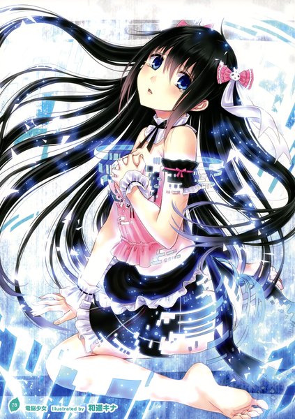 Anime picture 2536x3600 with girls, girls, girls! 10 (artbook) kazuharu kina single long hair tall image looking at viewer blush highres open mouth blue eyes light erotic black hair barefoot scan official art bare legs girl dress ribbon (ribbons) bow