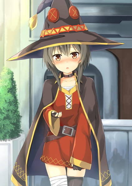 Anime picture 833x1180 with kono subarashii sekai ni shukufuku wo! studio deen megumin bluekalmia single long hair tall image looking at viewer blush fringe open mouth hair between eyes brown hair standing brown eyes payot indoors long sleeves head tilt wide sleeves