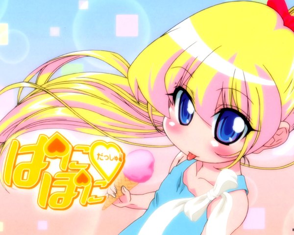 Anime picture 1280x1024 with pani poni dash! rebecca miyamoto long hair looking at viewer blush fringe blue eyes blonde hair bare shoulders wind loli close-up :p bow ribbon (ribbons) tongue tank top