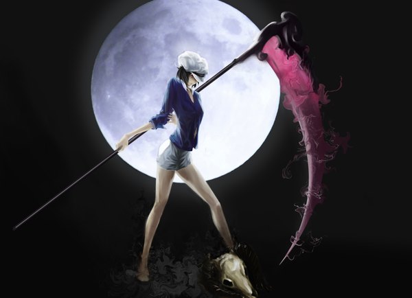 Anime picture 4567x3307 with original kalen.t (artist) single highres short hair black hair red eyes absurdres night legs magic girl weapon hat shorts full moon skull scythe