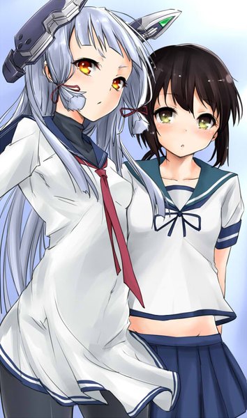 Anime picture 532x900 with kantai collection murakumo destroyer fubuki destroyer harino646 long hair tall image looking at viewer blush fringe short hair multiple girls green eyes yellow eyes blunt bangs parted lips bare belly hands behind back tress ribbon girl uniform