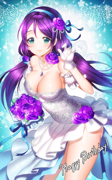 Anime picture 750x1200 with love live! school idol project sunrise (studio) love live! toujou nozomi aile (crossroads) single long hair tall image breasts blue eyes light erotic large breasts purple hair hair flower happy birthday girl dress gloves hair ornament flower (flowers)