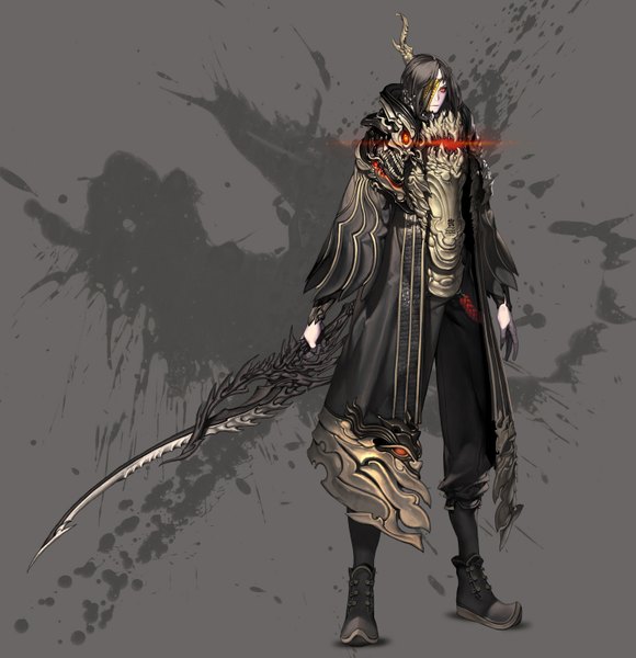 Anime picture 1451x1500 with blade & soul tall image short hair black hair red eyes standing holding horn (horns) glowing boy weapon sword boots armor pants cloak