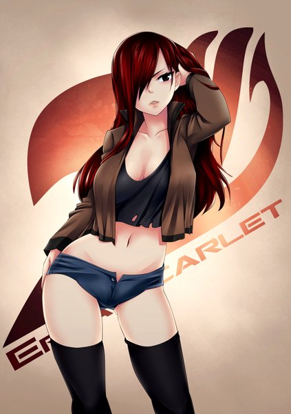 Anime picture 2550x3619 with fairy tail erza scarlet lchrno mashima hiro single long hair tall image looking at viewer fringe highres light erotic red hair black eyes hair over one eye open clothes open jacket bare belly midriff girl thighhighs