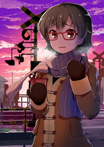 Anime picture 567x800 with original body mahattaya ginga single tall image short hair black hair brown eyes sky cloud (clouds) parted lips sunlight exhalation railroad crossing girl glasses scarf coat gift sun winter clothes