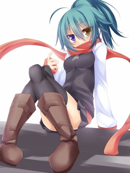 Anime picture 1000x1333 with original rebecca arcane suterii single long hair tall image blush fringe simple background hair between eyes white background sitting blue hair ponytail heterochromia convenient leg girl thighhighs skirt black thighhighs