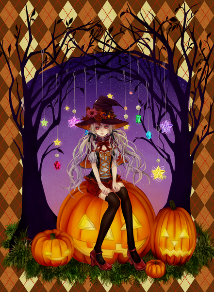 Anime picture 1278x1737 with original shio (blacksio) single long hair tall image looking at viewer blonde hair red eyes sitting halloween witch girl thighhighs dress black thighhighs plant (plants) tree (trees) witch hat vegetables jack-o'-lantern