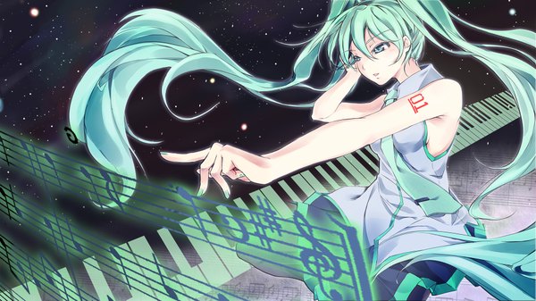 Anime picture 1920x1080 with vocaloid hatsune miku asutora single highres wide image twintails bare shoulders looking away very long hair nail polish aqua eyes aqua hair outstretched arm aqua nail polish girl musical note sheet music