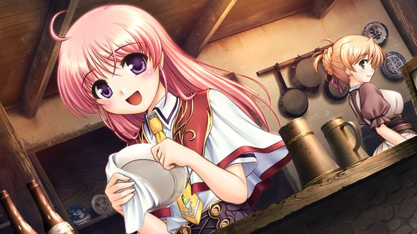 Anime picture 1280x720 with aiyoku no eustia eustia astraea long hair blush open mouth blonde hair wide image purple eyes multiple girls green eyes pink hair game cg girl 2 girls