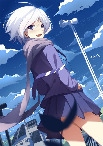 Anime picture 800x1131 with original riki-to single tall image short hair open mouth blue eyes sky cloud (clouds) white hair looking back girl skirt headphones scarf