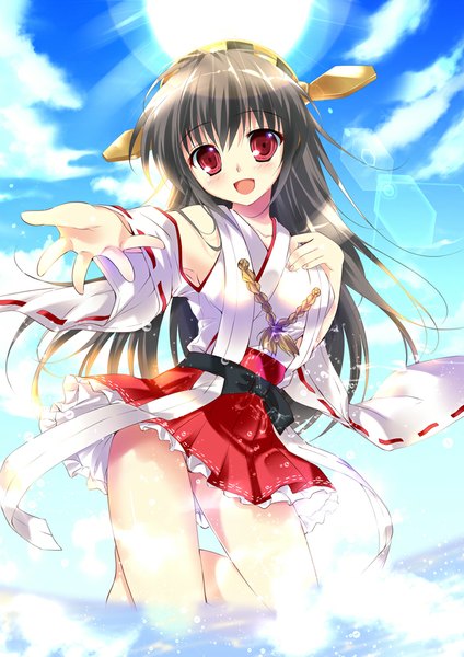 Anime picture 800x1131 with kantai collection haruna battleship mikeou single long hair tall image looking at viewer blush open mouth black hair red eyes sky cloud (clouds) traditional clothes japanese clothes nontraditional miko girl skirt hair ornament detached sleeves