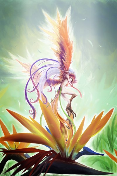 Anime picture 2600x3900 with original un (alternatif) single tall image highres blue eyes absurdres red hair tail monster girl girl flower (flowers) wings feather (feathers) claws
