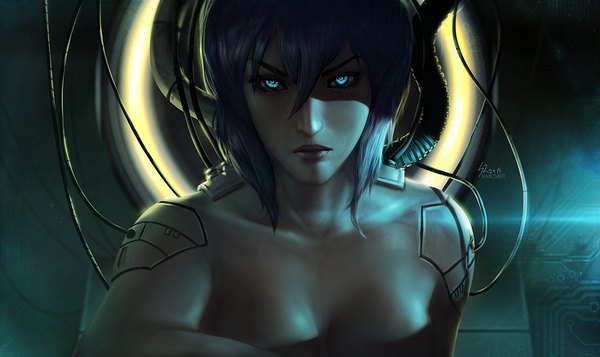 Anime picture 1200x714 with ghost in the shell production i.g kusanagi motoko raikoart single looking at viewer fringe short hair breasts blue eyes light erotic wide image bare shoulders signed purple hair upper body lips realistic glowing glowing eye (eyes)