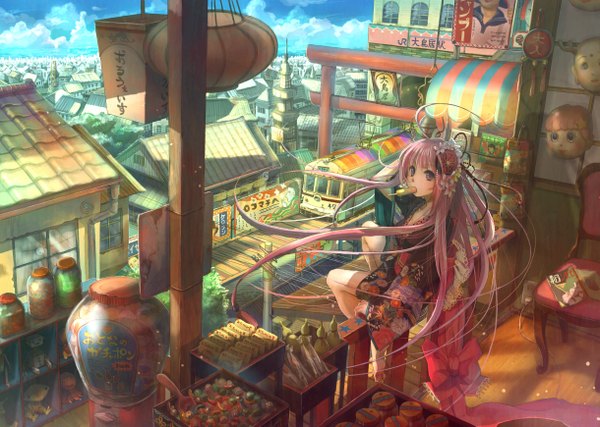 Anime picture 2438x1739 with original fuzichoco long hair highres sitting holding pink hair japanese clothes pink eyes looking back wind mouth hold city cityscape hand on head girl hair ornament bow food sweets