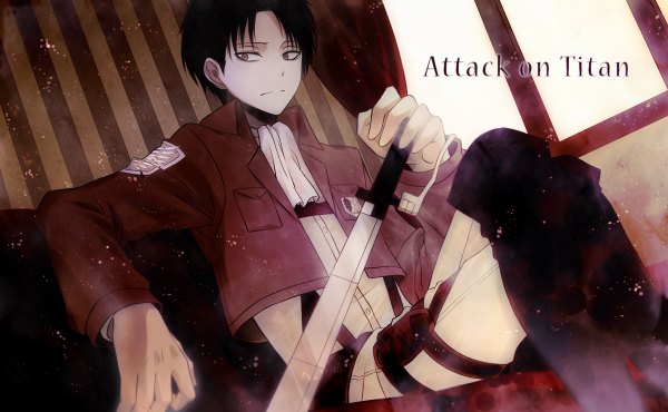 Anime picture 1200x740 with shingeki no kyojin production i.g levi (rivaille) angel31424 single short hair black hair wide image sitting brown eyes looking away inscription weapon sword thigh boots