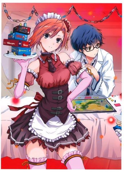 Anime picture 4467x6183 with original fuyuno haruaki tall image highres short hair bare shoulders blue hair absurdres red hair black eyes scan maid thighhighs dress gloves glasses elbow gloves frills headdress maid headdress