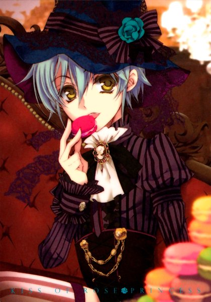 Anime picture 1488x2126 with barajou no kiss asagi seiran shouoto aya single tall image fringe short hair hair between eyes sitting yellow eyes blue hair eating boy flower (flowers) bow hat food sweets rose (roses) neckerchief