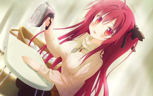 Anime picture 2048x1280 with astralair no shiroki towa tachibana ochiba single long hair looking at viewer blush highres open mouth red eyes game cg red hair one side up girl bow hair bow sweater
