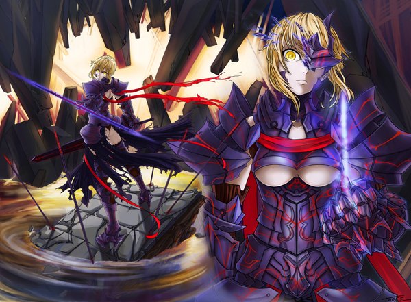 Anime picture 4000x2940 with fate (series) fate/stay night studio deen type-moon artoria pendragon (all) saber saber alter todee single fringe highres breasts light erotic blonde hair standing yellow eyes absurdres looking back from behind back