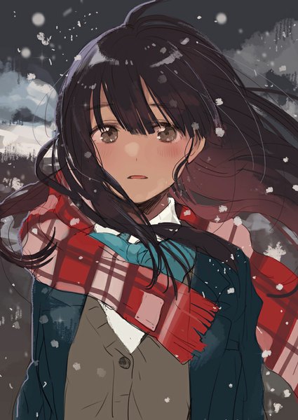 Anime picture 637x900 with original fly (marguerite) single tall image looking at viewer blush brown hair ahoge outdoors parted lips wind snowing winter close-up snow girl scarf bowtie plaid scarf