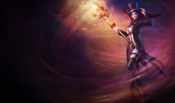 Anime picture 1215x717 with league of legends emilia leblanc single wide image magic girl thighhighs black thighhighs hat staff crystal top hat tailcoat