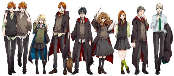 Anime picture 1291x566 with harry potter hermione granger harry potter (character) draco malfoy ron weasley luna lovegood fred weasley george weasley ginny weasley neville longbottom nakagawa waka long hair short hair blue eyes black hair blonde hair smile red eyes brown hair wide image