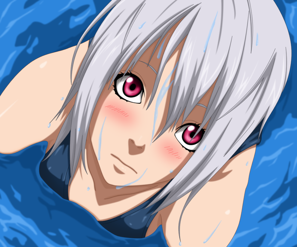 Anime picture 1000x834 with flowerinhell single blush fringe looking away pink eyes from above grey hair wet girl water