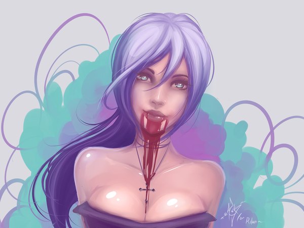 Anime picture 1024x768 with original era (rilun) zackargunov single long hair looking at viewer breasts blue eyes large breasts bare shoulders signed cleavage purple hair light smile grey background blood on face bleeding girl blood cross