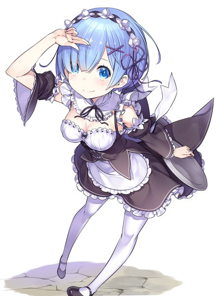 Anime picture 2813x3751 with re:zero kara hajimeru isekai seikatsu white fox rem (re:zero) lasa (lasa1116) single tall image looking at viewer blush fringe highres short hair blue eyes simple background smile white background holding blue hair hair over one eye wide sleeves maid