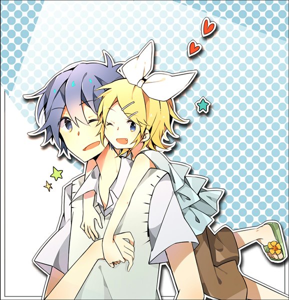 Anime picture 1000x1038 with vocaloid kagamine rin kaito (vocaloid) fuuko (2679566944) tall image short hair open mouth blue eyes blonde hair blue hair looking away one eye closed wink teeth fang (fangs) hug polka dot hug from behind polka dot background girl