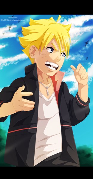 Anime picture 1732x3324 with naruto studio pierrot naruto (series) uzumaki boruto khalilxpirates single tall image highres short hair open mouth blue eyes blonde hair smile sky cloud (clouds) open clothes open jacket coloring facial mark whisker markings