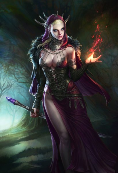 Anime picture 821x1200 with xiaobotong single long hair tall image blue eyes light erotic blonde hair magic witch girl weapon sword tree (trees) hood staff fire forest