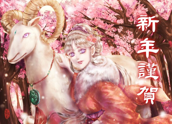 Anime picture 1819x1311 with original cang ye ji single long hair looking at viewer fringe highres purple eyes parted lips hair flower lips grey hair fur trim cherry blossoms hieroglyph girl flower (flowers) animal fur obi
