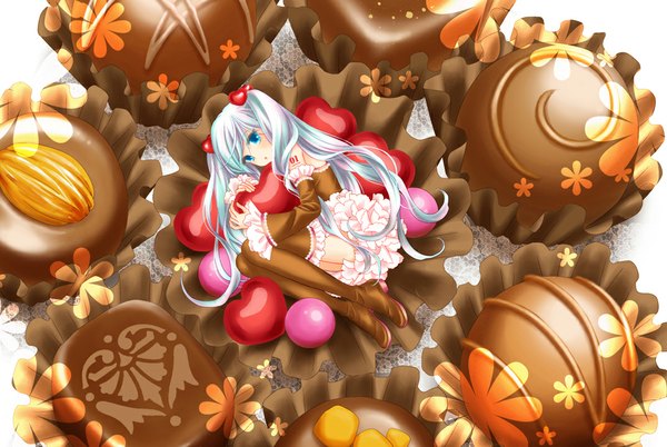 Anime picture 1073x719 with vocaloid hatsune miku mamiya (cool-ribon) long hair blue eyes twintails blue hair valentine girl thighhighs food heart sweets chocolate