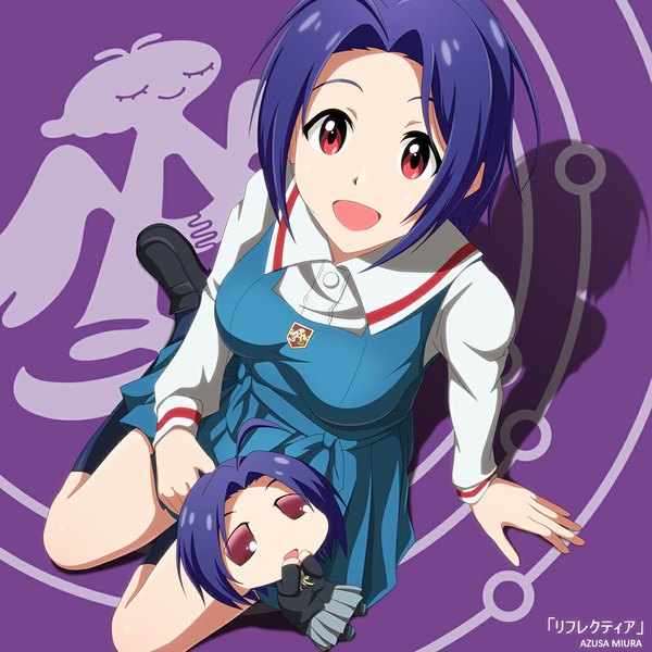 Anime picture 1000x1000 with idolmaster puchimasu! miura azusa kouchou looking at viewer short hair open mouth red eyes blue hair :d chibi girl uniform school uniform socks black socks