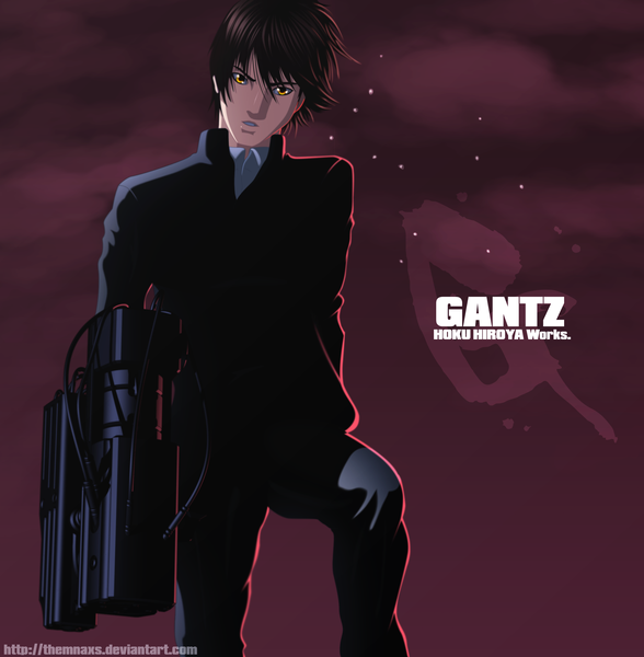 Anime picture 2500x2552 with gantz gonzo kurono kei themnaxs single tall image highres short hair black hair yellow eyes sky cloud (clouds) inscription coloring boy gun