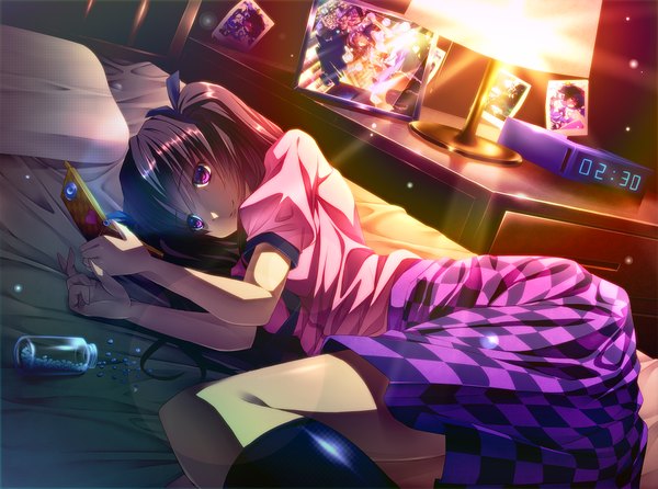 Anime picture 1076x800 with touhou shameimaru aya kawashiro nitori himekaidou hatate ryosios long hair black hair purple eyes checkered checkered skirt girl skirt bed table bottle lamp phone picture