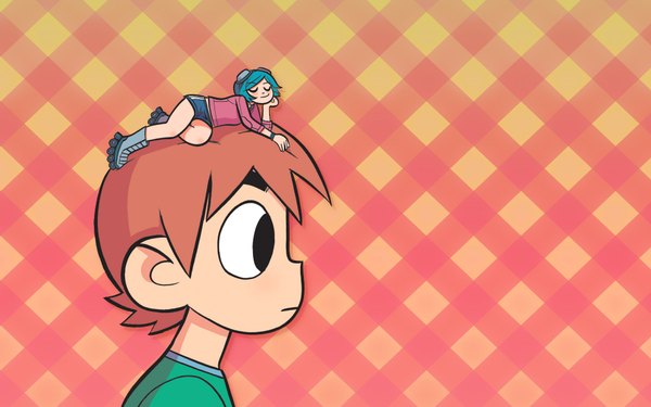 Anime picture 1920x1200 with scott pilgrim scott pilgrim (character) ramona flowers bryan lee o'malley highres brown hair wide image aqua hair girl boy shorts goggles roller skates