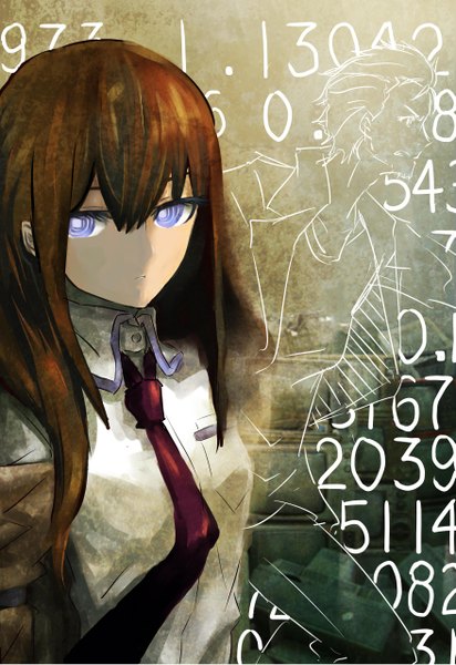 Anime picture 3507x5099 with steins;gate white fox makise kurisu okabe rintarou long hair tall image looking at viewer fringe highres brown hair purple eyes absurdres girl boy shirt necktie