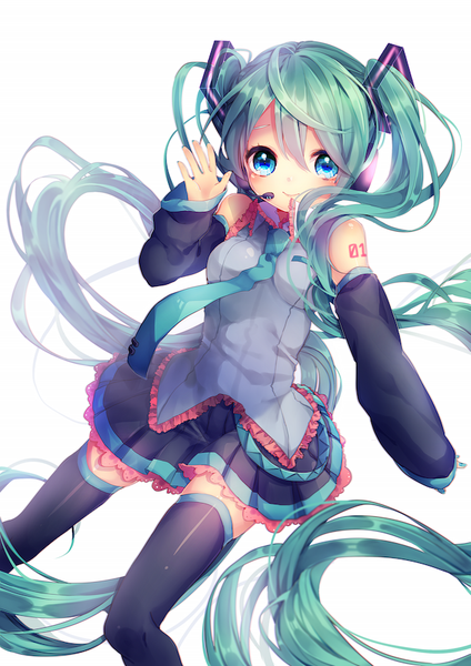 Anime picture 620x877 with vocaloid hatsune miku agirinpa single tall image looking at viewer blush blue eyes simple background smile white background twintails very long hair nail polish aqua hair aqua nail polish girl thighhighs black thighhighs detached sleeves
