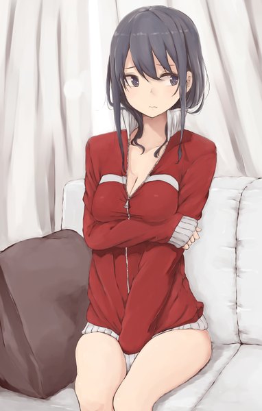 Anime picture 2193x3441 with original rutchifu single long hair tall image highres black hair sitting looking away black eyes girl couch sports jacket