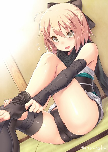 Anime picture 716x1011 with fate (series) koha-ace okita souji (fate) (all) okita souji (koha-ace) torimaru single tall image blush fringe short hair open mouth light erotic hair between eyes sitting bare shoulders signed looking away pink hair ahoge bent knee (knees)