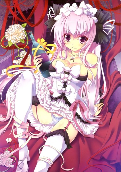 Anime picture 2292x3269 with original hinata momo single long hair tall image looking at viewer blush highres light erotic purple eyes pink hair girl thighhighs dress underwear panties flower (flowers) detached sleeves white thighhighs frills