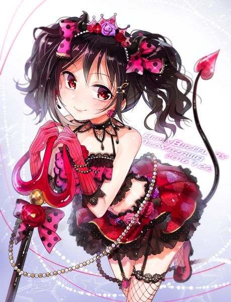 Anime picture 1500x1958 with love live! school idol project sunrise (studio) love live! yazawa nico yukinokoe single tall image looking at viewer blush short hair black hair smile red eyes twintails tail horn (horns) short twintails girl thighhighs skirt