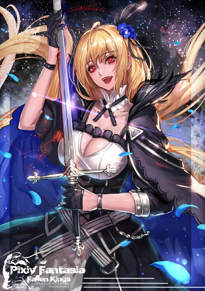 Anime picture 826x1169 with original pixiv fantasia pixiv fantasia fallen kings armeechef ryuuzaki ichi single long hair tall image looking at viewer breasts open mouth blonde hair red eyes large breasts cleavage logo girl gloves hair ornament weapon