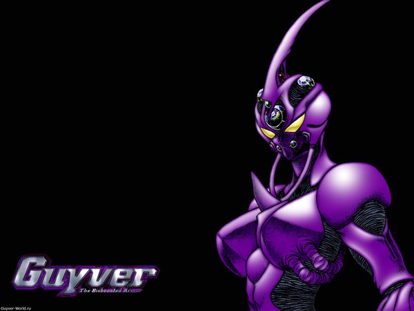 Anime picture 1600x1200 with guyver single yellow eyes horn (horns) inscription black background armor