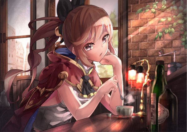 Anime picture 1433x1013 with granblue fantasy clarisse (granblue fantasy) saraki single long hair looking at viewer blush fringe breasts open mouth brown hair ponytail indoors head tilt sunlight arm support sunbeam girl uniform window